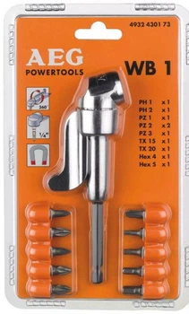 Насадка AEG угловая WB1 с набором бит 25мм 10шт для шурупо:PH1/PH2/PZ1/2x PZ2/ PZ3/TX15/TX20/Hex4/Hex5 (4932430173)
