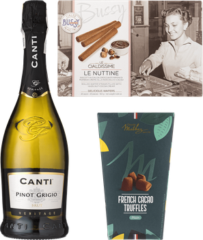 Подарунковий набір Brut Buro base Вино ігристе Canti Pinot Grigio Brut Blanc біле брют 0.75 л 11% + Трубочки вафельні Bussy Le Nuttine 160 г + Шоколадні цукерки Mathez Трюфелі 250 г (2021001143044)
