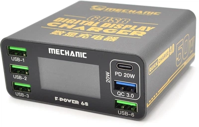 Зарядна станція з цифровою індикацією Mechanic F-Power 6S, PD3.1-5В4А, 9В2.2A, 12В1.67А, 15В3А, 20В2, 25А, QC-3, 4xUSB-A, 220V/50W, 197x151x68 мм (YT40924)