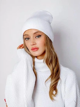 Вязаная шапка бини с широким отворотом на флисе Эмма One-size Белый