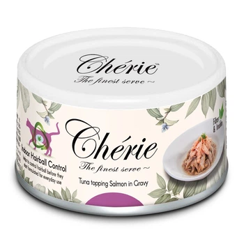 Консервированный корм Cherie Hairball Control Tuna topping Salmon in Gravy влажный корм в виде кусочков тунца и лосося в соусе с эффектом выведения шерсти у кошек 80 г (CHT17004)