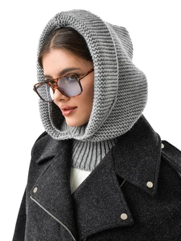 Женский капор-капюшон с воротником вязанный - Анжелика (one-size) - Серый