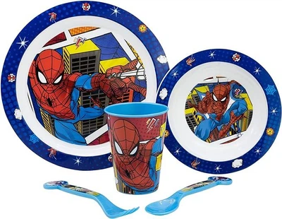 Набір посуду дитячий 5 предметів Stor Spider-Man пластикові 2 тарілки, склянка 260 мл, вилка та ложка сині з червоним