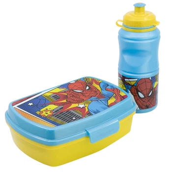 Дитячий набір 2 предмети Людина-павук Stor Spider-Man пластикова пляшка для води 380 мл та ланч-бокс блакитні з жовтим