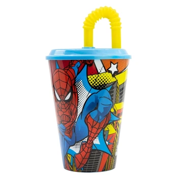 Стакан для детей с трубочкой 430 мл Человек-паук Stor Spider-Man 16,5x9x9 см пластиковый голубой с желтым