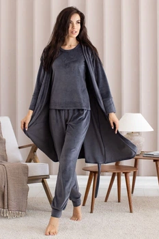 Комплект пижама велюровая с халатом Кг1580 Графитовый, 3XL