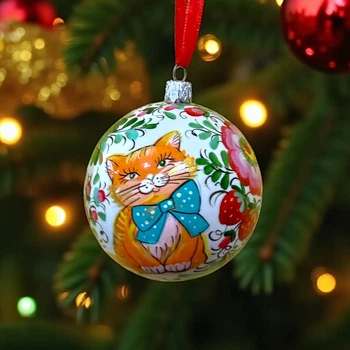 Елочный шар 8 см "Красные цветы, с котиком", красивый и уникальный подарок , в подарочной упаковке