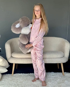 Піжама дитяча домашня шовкова сорочка зі штанами Рожева смужка Maybel 146-152 7006Secret (2892_5)