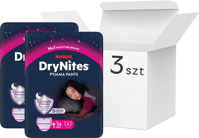 Pieluchomajtki Huggies DryNites dla dziewczynek rozmiar L 8-13 lat 30-48 kg 3 x 9 szt (5029054547007)