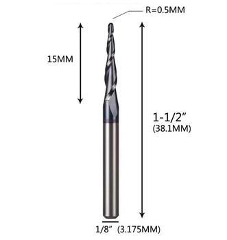 Двозахідна конічна фреза R0.5x15x3.175x40L кінчик півсфера