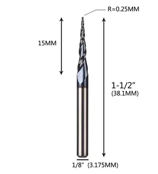 Двозахідна конічна фреза R0.25x15x3.175x40L кінчик півсфера