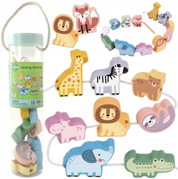 Дерев'яна іграшка Woopie GREEN Тваринки ZOO з шнурівкою 13 елементів (5906280652678)