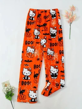 Піжамні плюшеві штани Hello Kitty з Halloween-принтом, помаранчеві, розмір 2XL (10742)