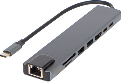 USB-хаб Blow K-08 8-in-1 USB-C to 2x USB 3.0\1x SD\1x microSD\1x HDMI 4K\2x PD 3.0 USB typ C\1x RJ45 Grey (5900804150893)