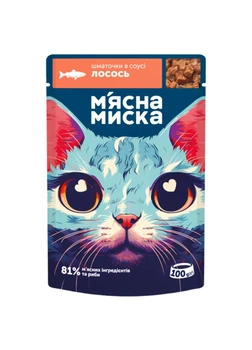 Упаковка вологого корму для дорослих котів М'ясна Миска шматочки в соусі зі смаком лосось 100 г 24 шт.