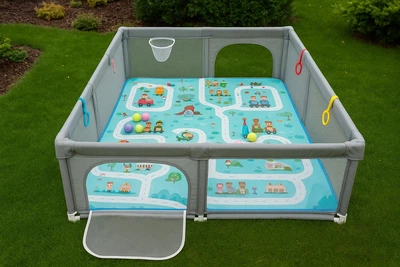 Манеж детский DAZA KIDS 180 × 150 см серый + коврик + сумка + 30 шариков