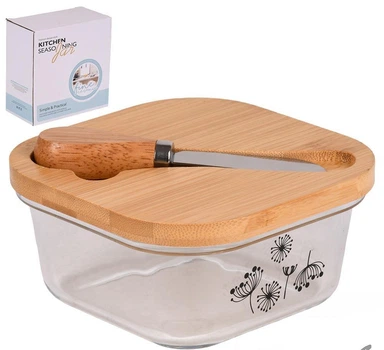 Маслянка скло з ножем та бамбуковою кришкою 13.5*13.5*6см R34372