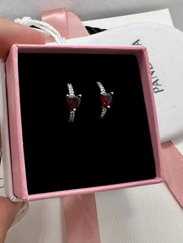 Cережки в стилі Pandora "Червоне серце" 925 проба кульчики Пандора