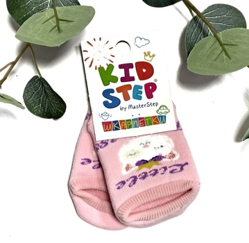 Дитячі махрові укорочені шкарпетки для дівчинки зі стопіками KidStep на 12-14 см (20-22 розмір) Котик Рожевий/ Білий