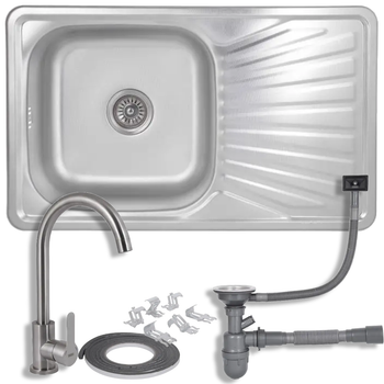Кухонная мойка Brinex 7848, врезная, с крылом, нержавеющая сталь Micro Decor 0.8 мм, прямоугольная, со смесителем и сифоном