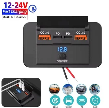 Накладная USB зарядка с вольтметром (QC 3.0 + PD) 12-24В