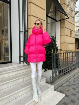 Женская зимняя куртка с капюшоном малинового цвета 39427 One Size