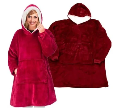 Плед толстовка с капюшоном плюшевый Huggle Hoodie красный теплый мягкий худи с карманом на флисе 80х100 см