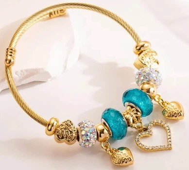 Браслет Twisted Rope с подвесками в форме сердец и шармами - Blue&Gold