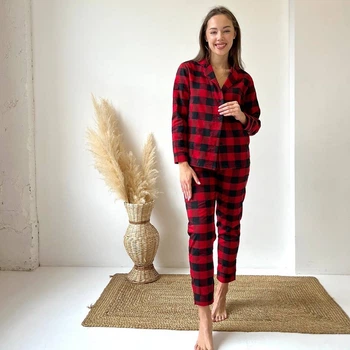 Пижама (рубашка+штаны) женская теплая Фланель XL Клетка красная с черным Cosy F71P
