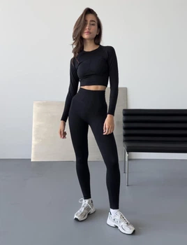 Спортивный женский костюм Hot для фитнеса и йоги (рашгард + леггинсы) c двойным Push Up V-пояс XS-S Черный (MA010000S)
