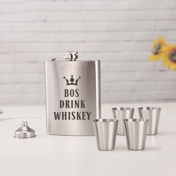 Набір фляга з чарками "Bos drink whiskey", англійська, Дерев'яна подарункова коробка, 210 мл