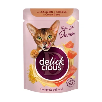 Повнораціонний консервований корм для котів Delickcious смужки з лососем та сиром у крем-супі 85 г (4820269141803)