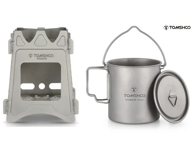 Титанова піч щепочниця туристична та титановий казанок Tomshoo titanium 750 мл зі складними ручками для походу туризму