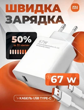 Комплект быстрой зарядки USB Type C зарядное устройство 67W адаптер и кабель 1м быстрая зарядка для телефонов Xiaomi White