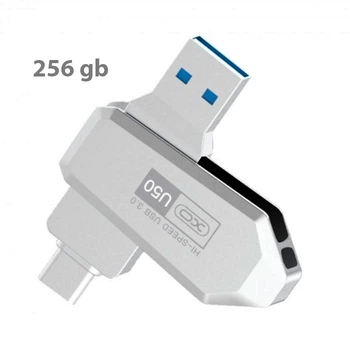 Флеш накопитель XO U50 256GB 2 в 1 (USB 3.0 + USB Type-C, компактная флешка, высокая скорость) - Металик