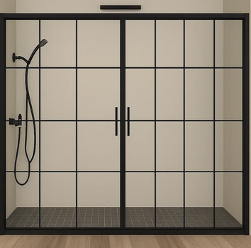 Душові двері Aquanil TREND 155×190 см, прямокутна, скло з декором клітка, чорний профіль