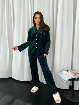Піжама жіноча тепла велюр кант (штани+сорочка) XL-XXL зелений