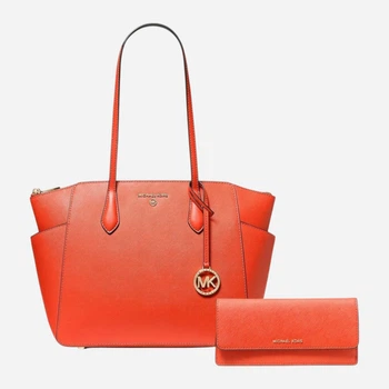 Набір сумка шопер + гаманець жіночий з натуральної шкіри Michael Kors 475481595 Помаранчевий (1159845654)
