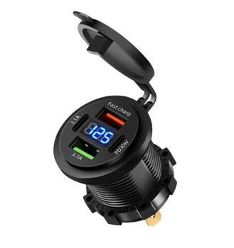 Автомобильное зарядное устройство 2 USB + 2 Type-C 3.1A 12-24V 83W врезная розетка, с Вольтметром синяя подсветка (80041)