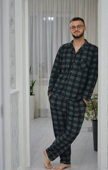 Теплая мужская пижама (рубашка + штаны) микролис Pijamoni L графіт клетка 1010528