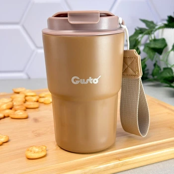 Термокружка из нержавеющей стали с ремешком 350 мл GR-1124 коричневая Gusto