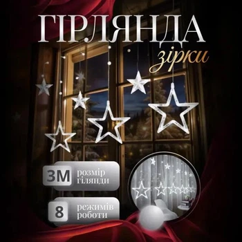 Світлодіодна гірлянда-штора Зірки 3×0,7 м 108 LED 12 фігур з 8 режимами, Новорічна світлова завіса з великими та маленькими зірками від мережі 220 В для вікон, стін, арок, фотозон та святкового декору, Білий