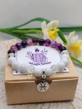 Браслет Magic Stone для Риб зі смугастого фіолетового агату, білого агату та гірського хрусталю, 8 мм, one size