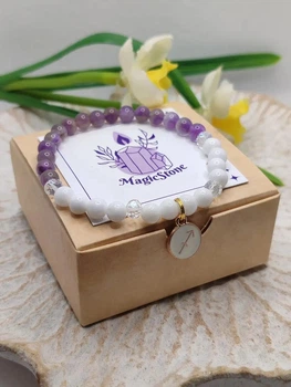 Браслет Magic Stone Стрілець з аметистом, білим агатом та кварцем, 6 мм, one size