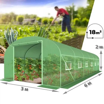 Теплица-парник 18 м² (6×3×2 м) с оцинкованным каркасом и трёхслойной армированной плёнкой 140 г/м² с УФ-защитой, 12 окон, двери на замке, производство Польша