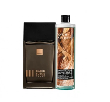 Мужской парфюмированный набор 2-в-1 Avon Black Suede Touch: Туалетная вода Black Suede Touch 100 мл + Шампунь-гель для душа для мужчин Экстремальный заряд 500 мл