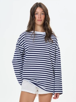 Лонгслів жіночий у смужку у кольорі білий-синій- 241217 розмір 2XL ТМ РОЗА