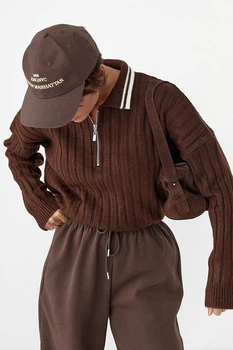 В'язана кофта-поло в широкий рубчик колір коричневий ONE SIZE FL_002747