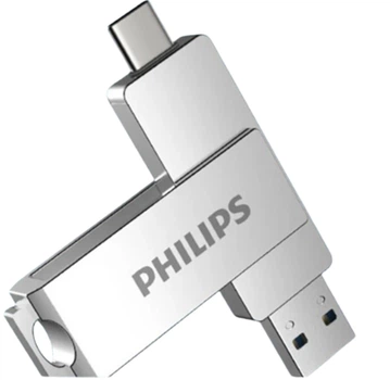 Флешка Двостороння Брелок Поворотна 2 в 1 для ПК та телефону PHILIPS 60UT USB 3.2 + Type-C OTG 64 гб Super Speed 150Mb/s Silver
