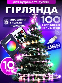 Розумна смарт гірлянда музична для танців Meiq-it Led RGB 10 метрів на 100 ламп від usb павербанк управління через телефон, smart гірлянди роса з синхронізацією музики через Bluetooth різнокольорова